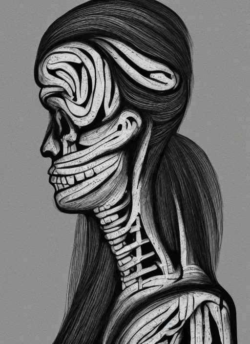 Prompt: a woman's face in profile, made of calligraphy skeleton, in the style of the Dutch masters and Gregory Crewdson, dark and moody