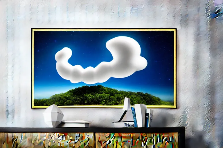 Image similar to favela tuba cloud sculpture, mid century modern environment, sunny, milky way, award winning art, epic dreamlike fantasy landscape, ultra realistic,