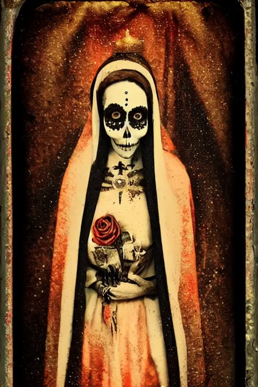 Prompt: tintype virgin mary in dia de muertos dress and make up, horrific beautiful vibe, evocative, atmospheric lighting, painted, intricate, highly detailed,