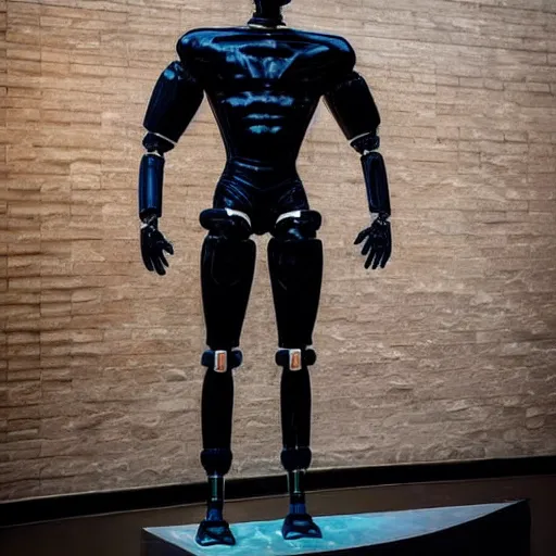 Image similar to a realistic detailed photo of a guy who is an attractive humanoid who is half robot and half humanoid, who is a male android, wrestler finn balor, shiny skin, posing like a statue, blank stare, by the pool, on display, showing off his muscles, humanoid robot, frozen ice statue