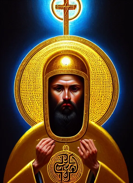 Prompt: hyper detailed ultra sharp orthodox saint icon, backlit golden halo, unholy man, trending on artstation, byzantine aesthetic, elden ring, religious, decadent, ornate, intricate, digital painting, concept art, smooth, sharp focus, illustration, art by artgerm and greg rutkowski and zdizslaw beksinski, 8 k