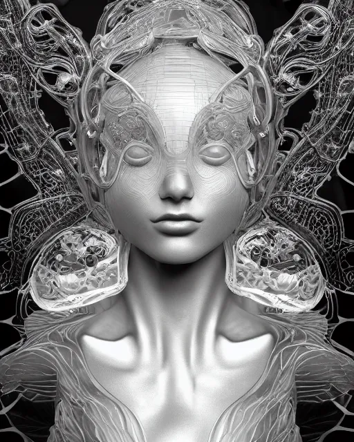 Prompt: mythical dreamy black and white organic bio-mechanical spinal ribbed profile face portrait detail of translucent steampunk beautiful female angelic-human-queen-vegetal-cyborg, highly detailed, intricate crystal ivy jelly ornate, poetic, translucent roses ornate, 3D render, digital art, octane render, 8K artistic photography, photo-realistic, by Dora Maar