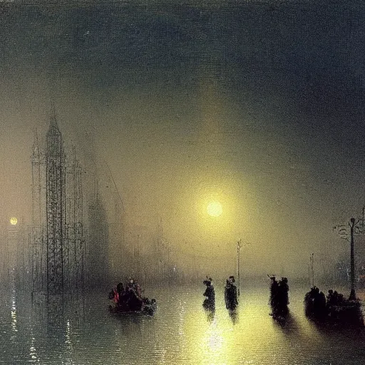 Image similar to New york City, flooded winter, at night, streetlights on, Ivan Aivazovsky