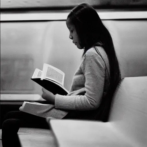 Prompt: “ girl reading a book in the new york city subway, detailed faces, photograph by henri cartier - bresson ”