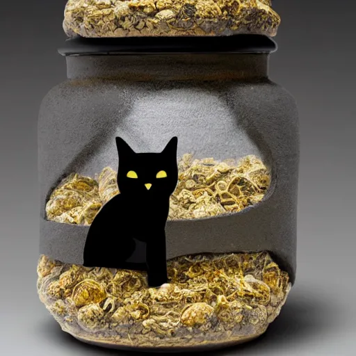 Prompt: a ominous black cat sleeping inside of a jar in the style of gehry and gaudi