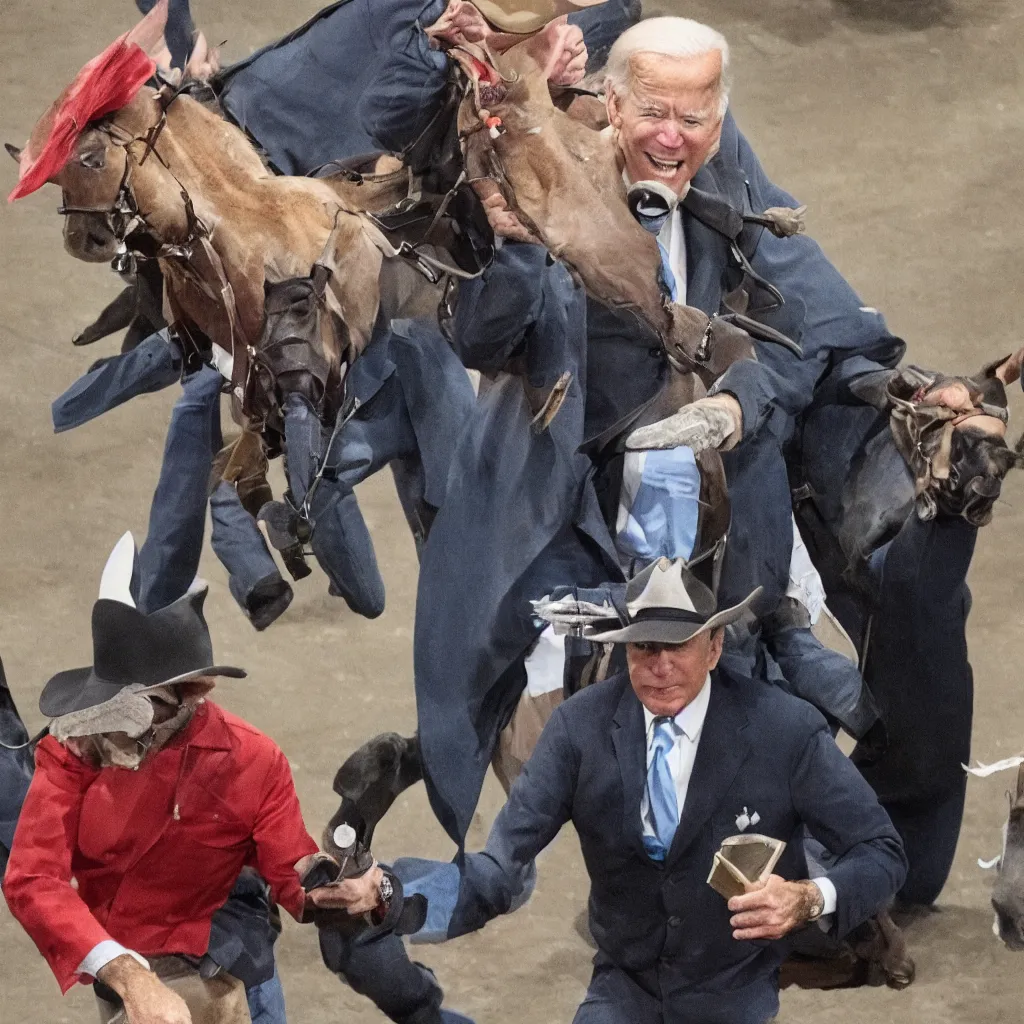 Image similar to joe biden as a cowboy robbing a bank, photo realistic