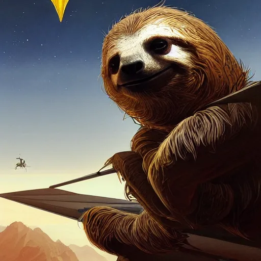 Image similar to detailed science - fiction character portrait of a sloth hang gliding, wild, highly detailed, digital painting, artstation, concept art, smooth, sharp focus, illustration, art by artgerm and greg rutkowski and alphonse mucha