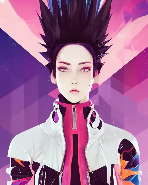 Image similar to poster woman with futuristic streetwear and spiky hair, colourful, pretty face, intricate eyes, elegant, Anime by Kuvshinov Ilya, Cushart Krentz and Gilleard James, 4k, HDR, Behance Trending on artstation, award winning