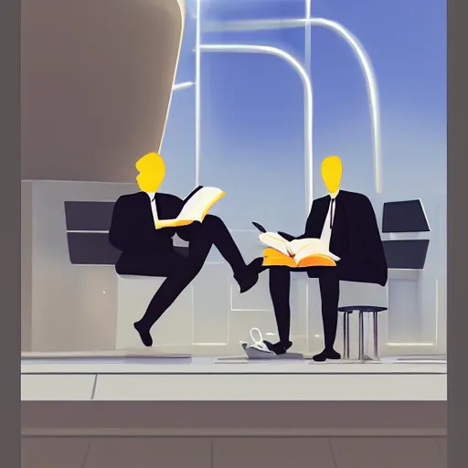 Prompt: “a gorgeous futuristic painting of a tall blond man and a dark haired man, sitting in a busy airport, reading books. They’re wearing monocles. an airplane is taking off in the background. Trending on artstation, rendered in 8k with unreal engine”