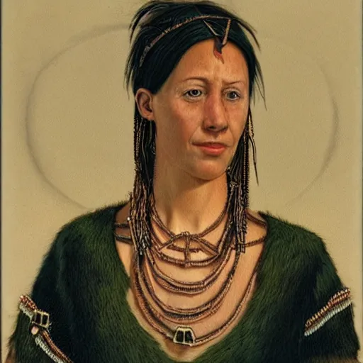 Prompt: a european prehistoric woman with dog canine tooth necklace, thin copper bracelets, and shell beads sewn on her skin clothes