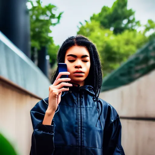 Image similar to candid photographic portrait of a poor techwear mixed young woman using a phone inside a dystopian city, closeup, beautiful garden terraces in the background, sigma 85mm f/1.4, 4k, depth of field, high resolution, 4k, 8k, hd, full color