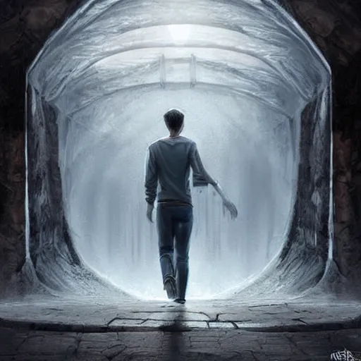 Image similar to a man walking into the portal, concept art, illustration, highly detailed, artwork, cinematic, hyper realistic, art station