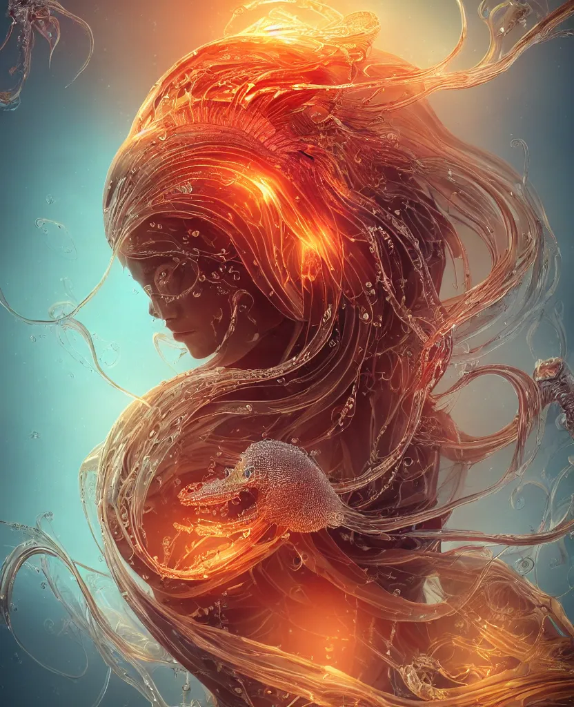 Image similar to close-up macro portrait of the face of a beautiful princess, epic angle and pose, symmetrical artwork, 3d with depth of field, blurred background, cybernetic jellyfish female face skull phoenix bird, translucent, nautilus, energy flows of water and fire. a highly detailed epic cinematic concept art CG render. made in Maya, Blender and Photoshop, octane render, excellent composition, cinematic dystopian brutalist atmosphere, dynamic dramatic cinematic lighting, aesthetic, very inspirational, arthouse. y Greg Rutkowski, Ilya Kuvshinov, WLOP, Stanley Artgerm Lau, Ruan Jia and Fenghua Zhong