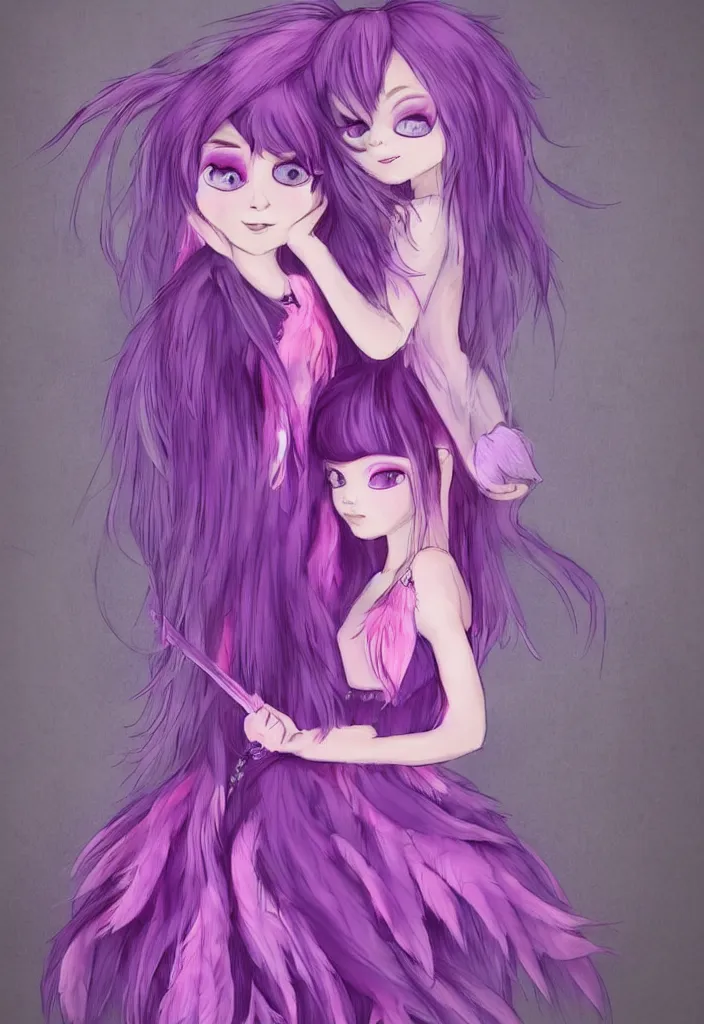 Image similar to little girl with eccentric pink hair wearing a dress made of purple feather, art by dcwj