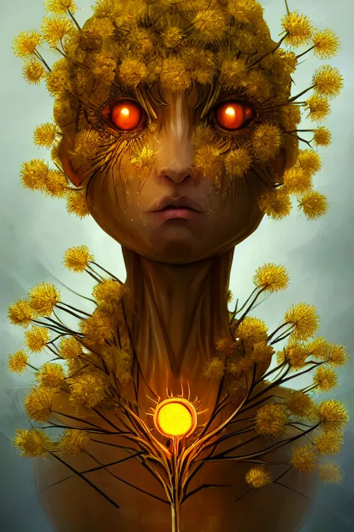 Image similar to a humanoid figure dandelion plant monster, amber eyes, highly detailed, digital art, sharp focus, ambient glow, trending on art station, anime art style