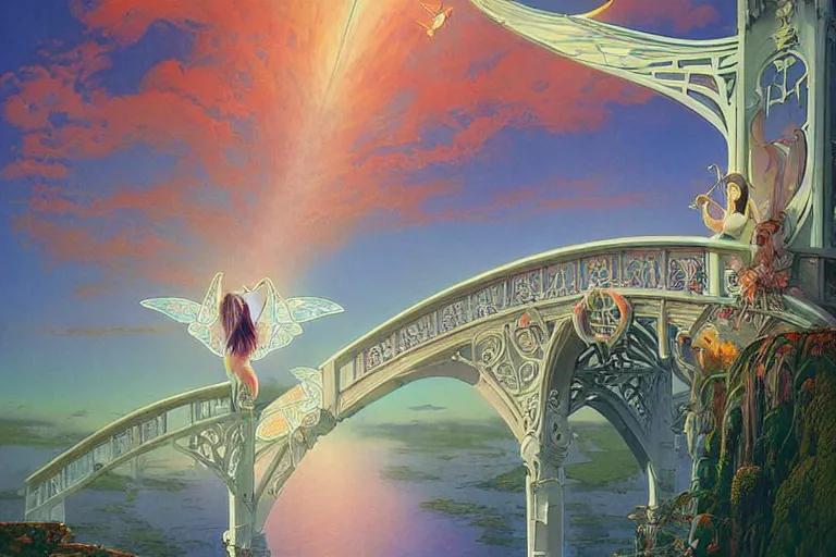 Image similar to Surreal, bridge between the worlds, fairy magnificent, elegant, art nouveau, white sweeping arches, surreal hybrid animals of neon colors in the sky, dramatic lighting, by Studio Ghibli, Brom,