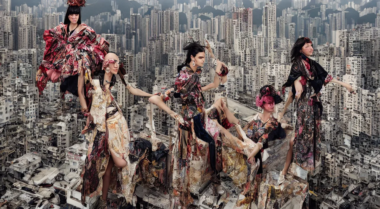 Prompt: fashion editorial portrait by jimmy nelson. on a roof in hong kong