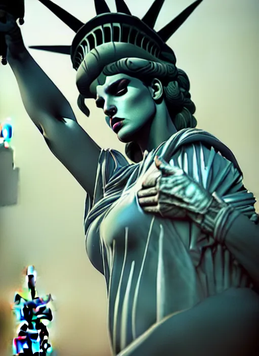 Prompt: julie strain is the statue of liberty, au naturel, hyper detailed, digital art, trending in artstation, cinematic lighting, studio quality, smooth render, unreal engine 5 rendered, octane rendered, art style by klimt and nixeu and ian sprigger and wlop and krenz cushart.