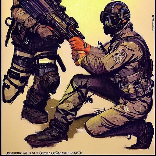 Prompt: blackops operator choking out a guard. rb6s, MGS, and splinter cell Concept art by James Gurney, Alphonso Mucha. Vivid color scheme.