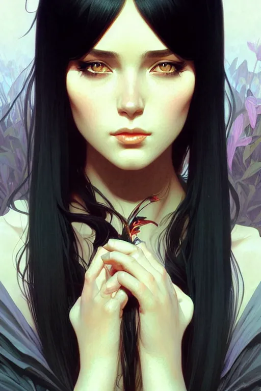 Prompt: a beautiful girl with long black hair, fantasy, portrait, sharp focus, intricate, elegant, digital painting, artstation, matte, highly detailed, concept art, illustration, ambient lighting, art by ilya kuvshinov, artgerm, Alphonse mucha, and Greg Rutkowski