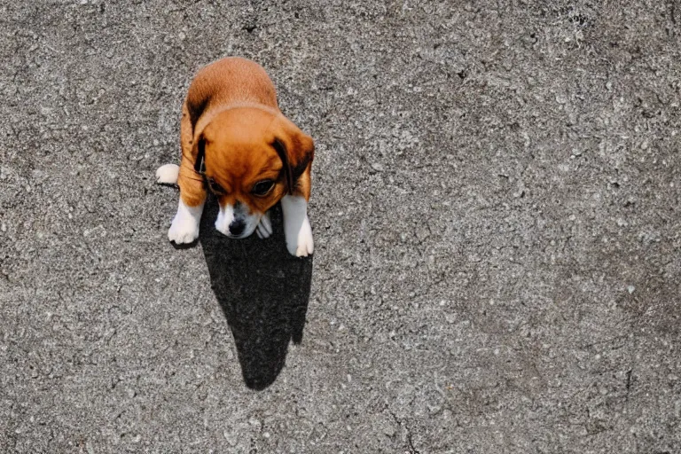Prompt: a overhead view of a puppy standing on a ledge
