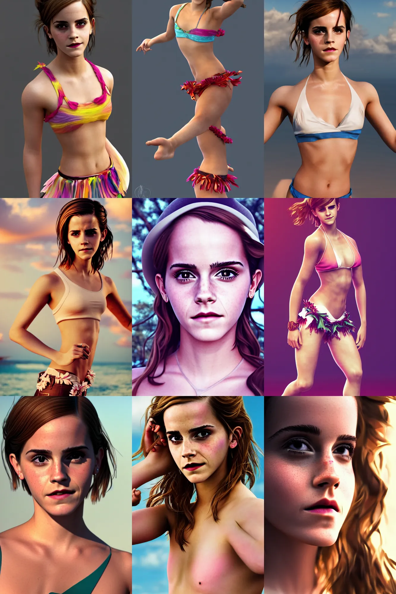 Prompt: emma watson as hot hawaii dancer, full!! body! shot, perspective, colored, perfect eyes!!, by charlotte grimm, natural light, sharp focus, detailed face, canon eos c 3 0 0, ƒ 1. 8, 3 5 mm, 8 k, smooth, 3 d artstation