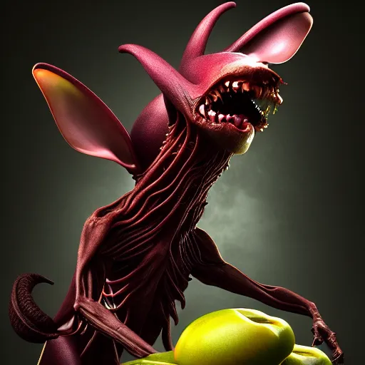 Image similar to beautiful digital fantasy illustration of alien fruit, a creepy dog attacking a stuffed animal, octane render, detail texture, unreal engine, 8 k, a surrealist sculpture by ryohei hase, ultra hyper realistic quality