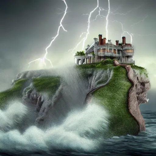 Image similar to Ultra Realistic Hyper detailed Fantasy view of a Haunted Mansion overlooking the cliffs edge where ocean waves are crashing during a lightning storm