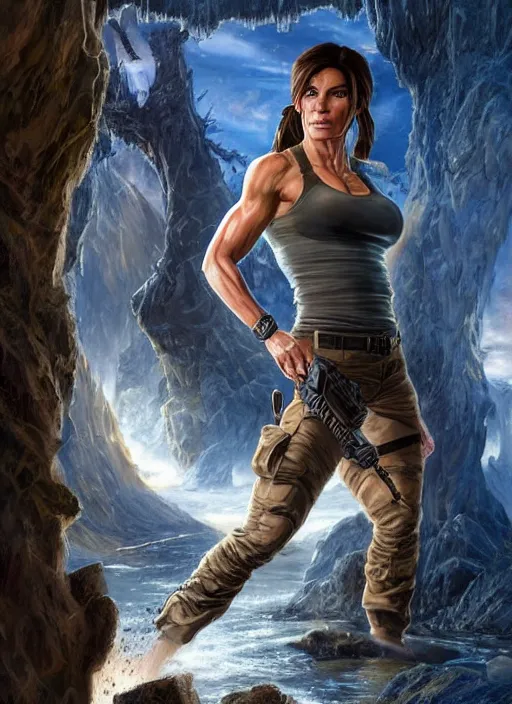 Image similar to muscled Sandra Bullock as Lara Croft as a ruggedly handsome heroine looking directly into the camera, jumping off a glowing artifact lodged in shallow blue glowing water, intricate, elegant, highly detailed, artstation, concept art, smooth, sharp focus, illustration, bokeh art by artgerm and donato giancola and Joseph Christian Leyendecker, WLOP, fireflies, distant snowstorm and thunder