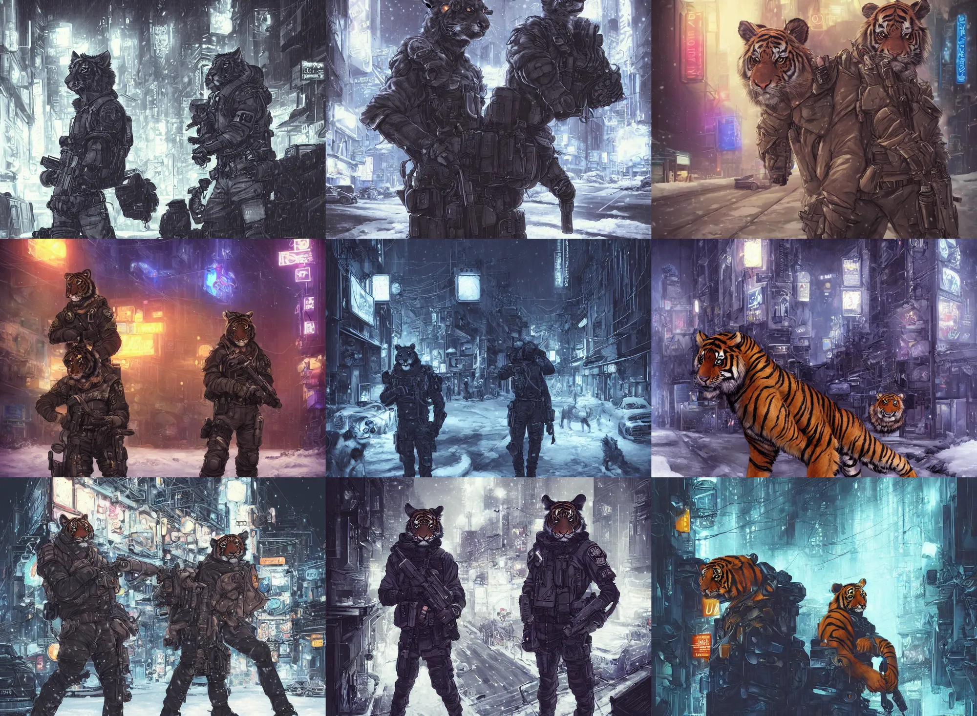 Image similar to beautiful furry art portrait commission of a male furry anthro tiger fursona wearing a tactical swat uniform in the streets of a cyberpunk city at night in the snow. neon signs. character design by charlie bowater, ross tran, artgerm, and makoto shinkai, detailed, inked, western comic book art
