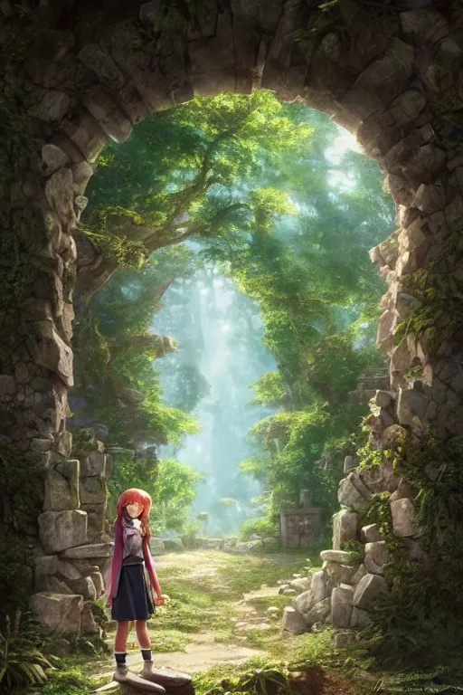 Image similar to a highly detailed matte painting of a teenager with shaggy hair and hip clothes standing in front of a stone gate in the elven forest ruins, by studio ghibli, by artgerm, by wlop, by greg rutkowski, red tones, volumetric lighting, octane render, 4 k resolution, trending on artstation, masterpiece