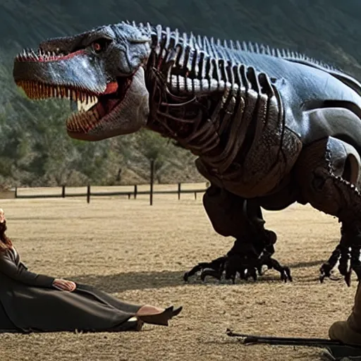 Prompt: cinematic still of westworld, si - fi robotic tyrannosaurus rex, highly detailed