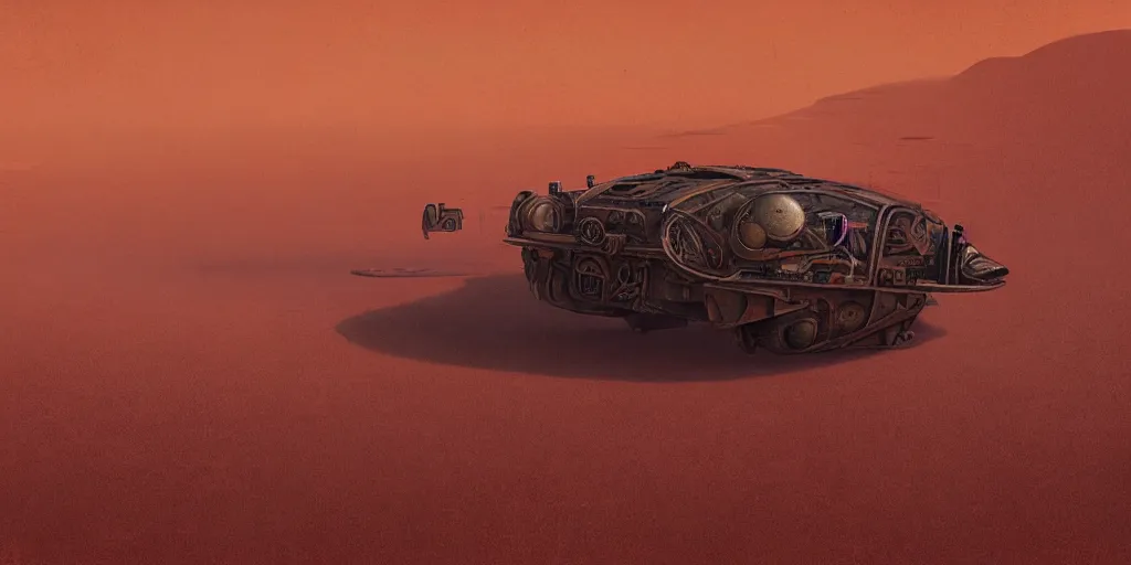 Image similar to steampunk hovercraft going at high speed across a red desert, trailing red sand, greg rutkowski, 8 k, shallow depth of field, intricate detail, concept art,