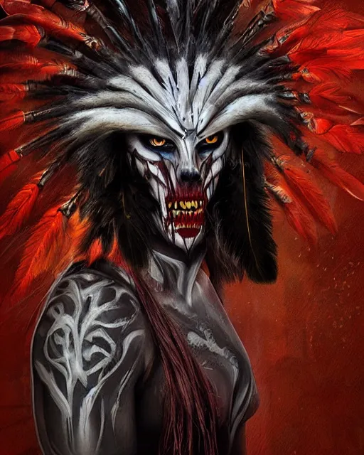 Image similar to wolf - human hybrid mutant ghost - spirit of the grim - warpaint wears the scarlet skull armor and native blood headdress feathers, midnight fog - mist!, dark oil painting colors, realism, cinematic lighting, various refining methods, micro macro autofocus, ultra definition, award winning photo, photograph by ghostwave - gammell - giger - shadowlord