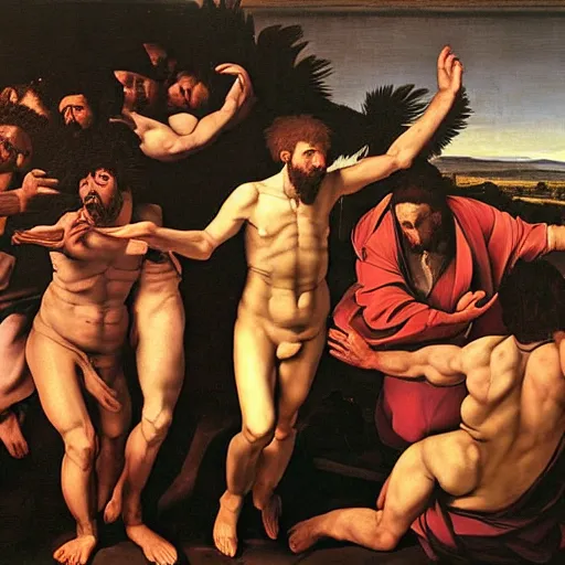 Image similar to the end of man with 2 1 savage apocalypse by caravaggio