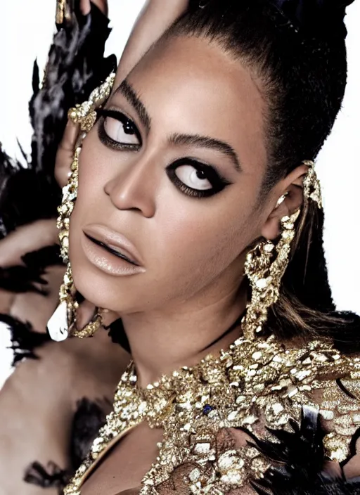 Image similar to music video still of beyonce styled by nick knight posing, showstudio, face close up, vogue magazine, canon, highly realistic. high resolution. highly detailed. dramatic. 8 k. 4 k.