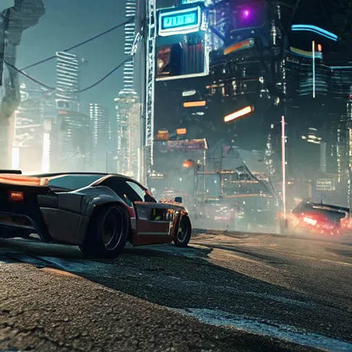 Image similar to promotional screenshot of forza horizon videogame set in a cyberpunk world