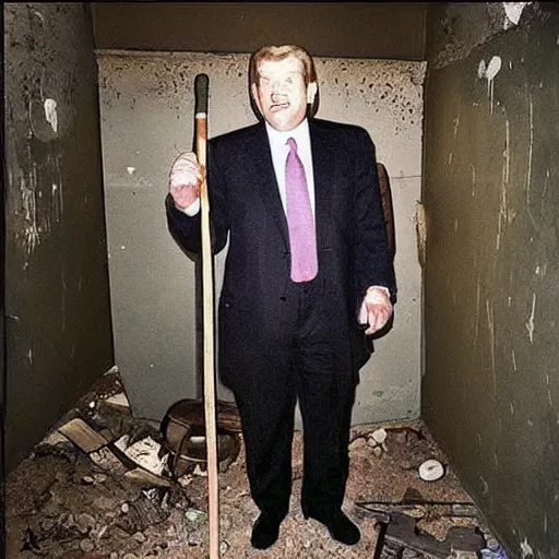 Image similar to “an uncanny photo of a president that didn’t exist, holding a hammer, standing in an abandoned basement, smiling maniacally, grotesque clothing, rotting skin”