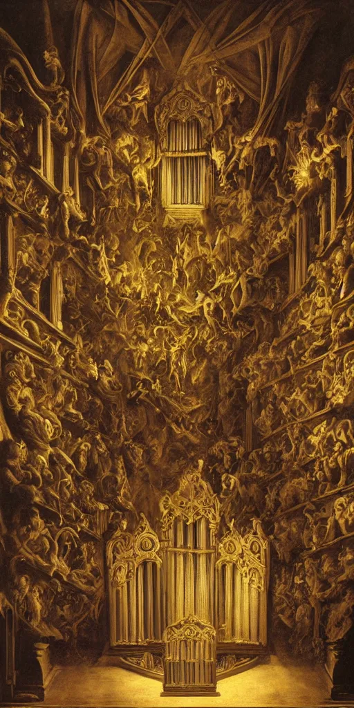 Prompt: pipe organ pies and ghosts intricately carved from dark smoke, high detail baroque oil painting, golden ratio, volumetric light, godrays, terrifying geometry, alan lee, caravaggio, michelangelo