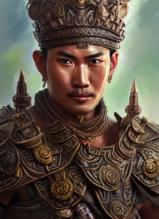 Image similar to smart tai warlord, closeup portrait, historical hero, ethnic group, sukhothai costume, bronze headset, intricate, with leather armor cross on bare chest, tai body tattoo, elegant, loin cloth, highly detailed, oil painting, artstation, concept art, matte, sharp focus, illustration, hearthstone, art by earl norem