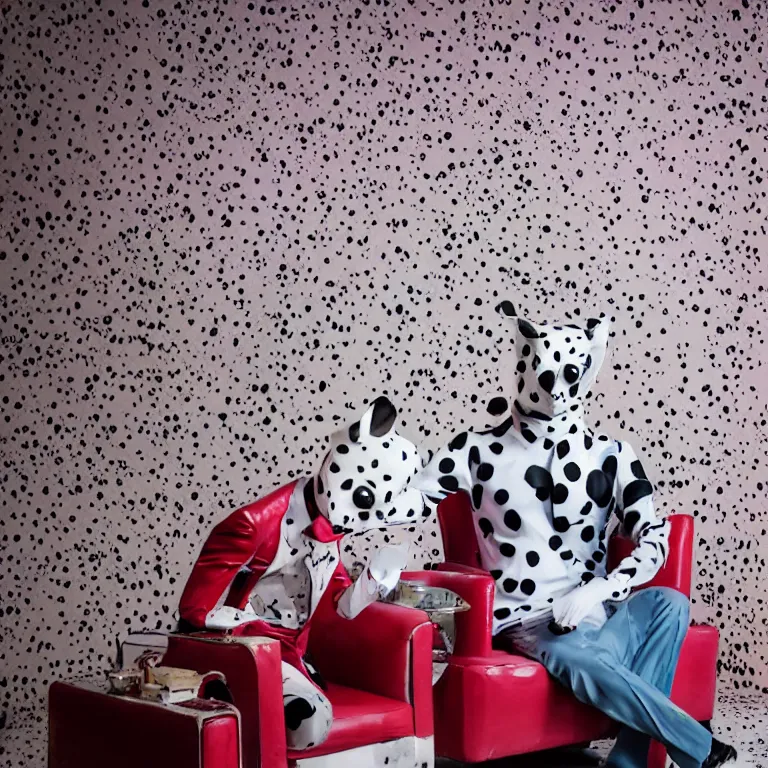 Prompt: vogue photoshoot octane render portrait of 1 0 1 dalmatian with white background, focus on an eccentric man in a bright colorful pastel wes anderson uniform and a latex mask inside a high - end exotic vintage boutique hotel lounge, very short depth of field, bokeh