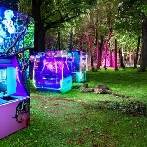 Prompt: al fresco arcade holographic pinball tables in the garden ruins, tree spirits kodama forestfolk excitedly gather round to set a new high score, neon pinball fantasy forest festival