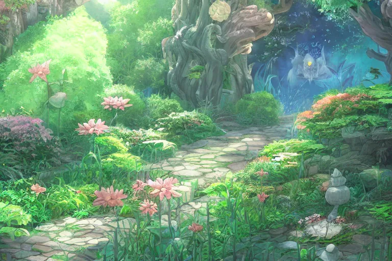 Prompt: magical garden. 4 k digital paint by studio ghibli hayao miyazaki. very sharp and detailed. trending on artstation and behance.