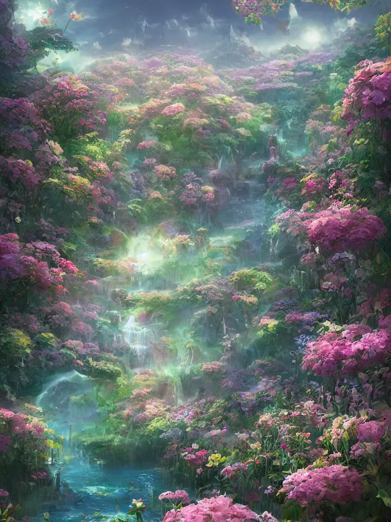 Image similar to a dream flower garden surrounding a lake environment where one draws mystical energy into their lives, background art, pristine concept art, small, medium and large design elements, in the style of WLOP and Ross Tran