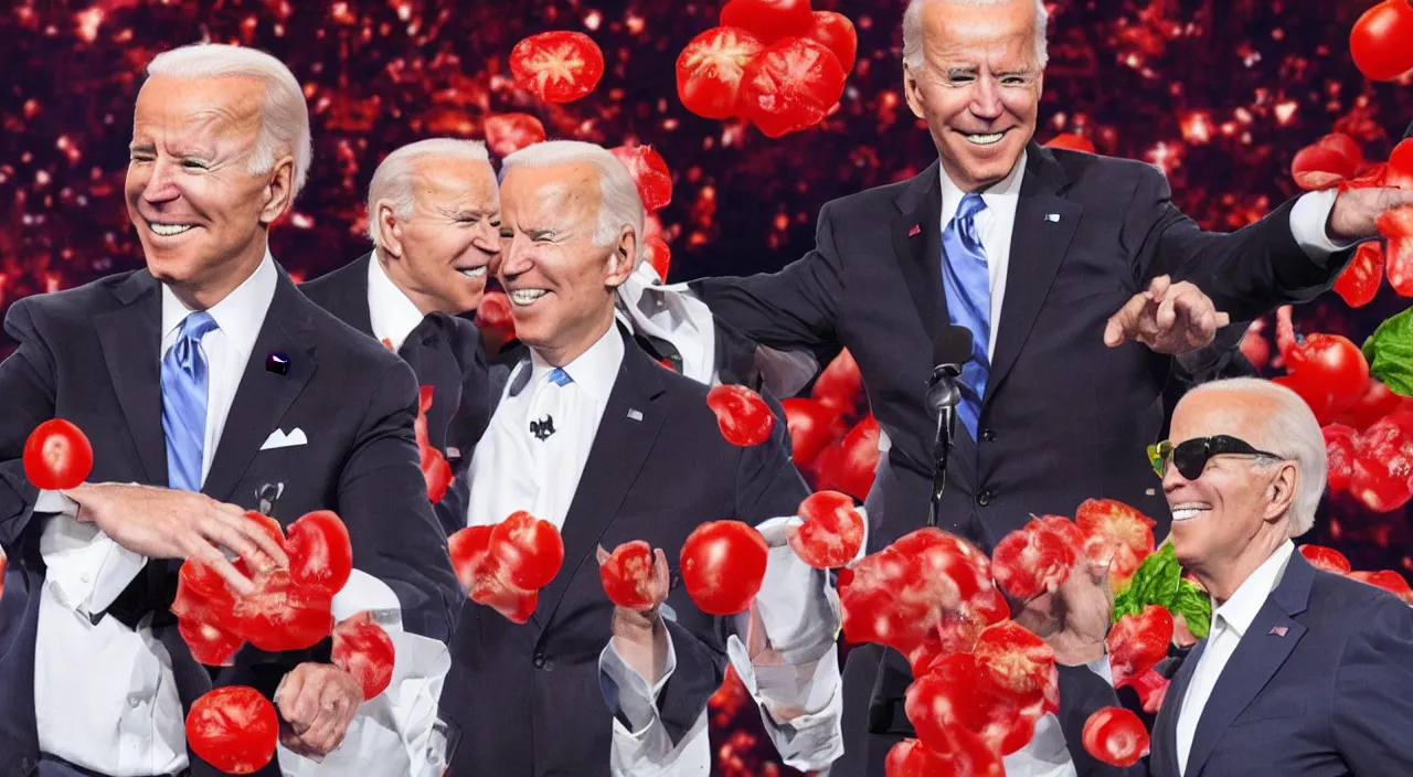 Image similar to joe biden singing on americas got talent with tomatos being thrown at him