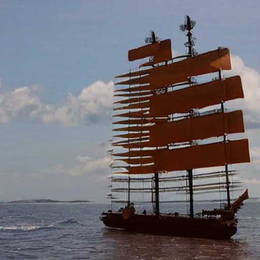 Image similar to a giant steampunk catamaran, amazing steampunk dieselpunk ship, giant catamaran in the ocean