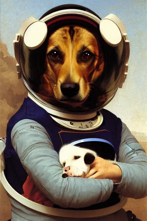 Prompt: portrait of a dog astronaut, wearing an astronaut helmet, by bouguereau