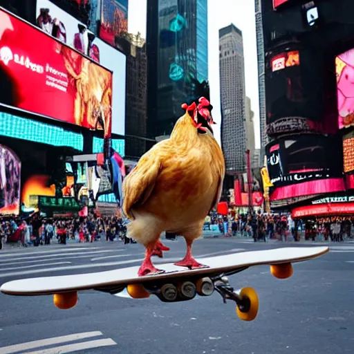 Image similar to a chicken riding a skateboard on time square