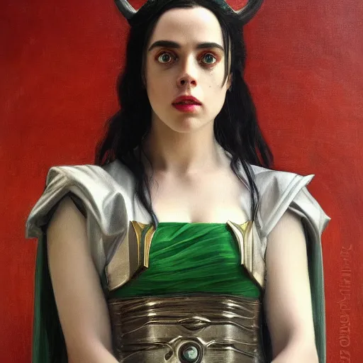 Prompt: Billie Eilish as Loki, Goddess of Mischief, oil on canvas, noir, trending on artstation, by J. C. Leyendecker and Edmund Blair Leighton and Charlie