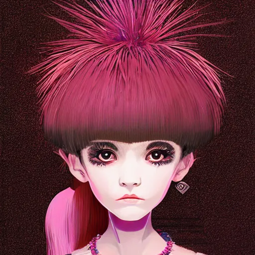 Prompt: little girl with an eccentric haircut wearing an dress made of feathers, artwork made by ilya kuvshinov and hirohiko araki